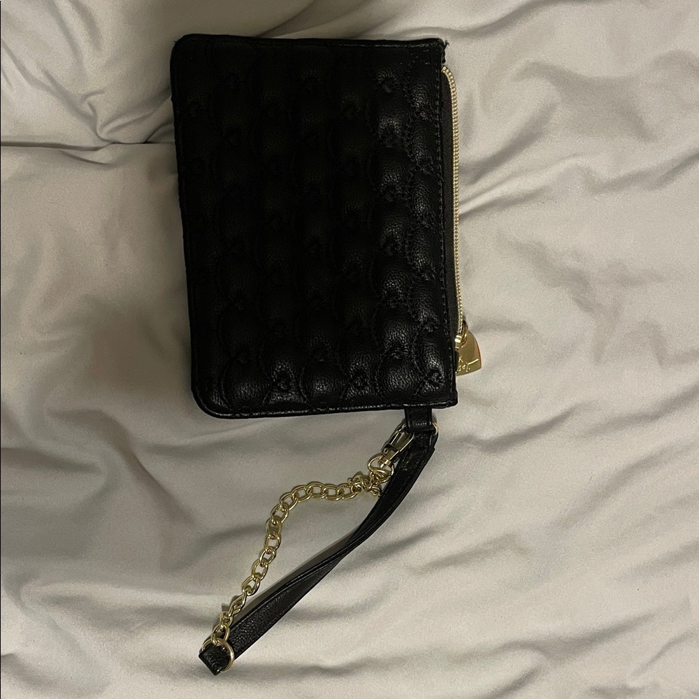 Betsey Johnson Black Quilted Wristlet with Gold Chain